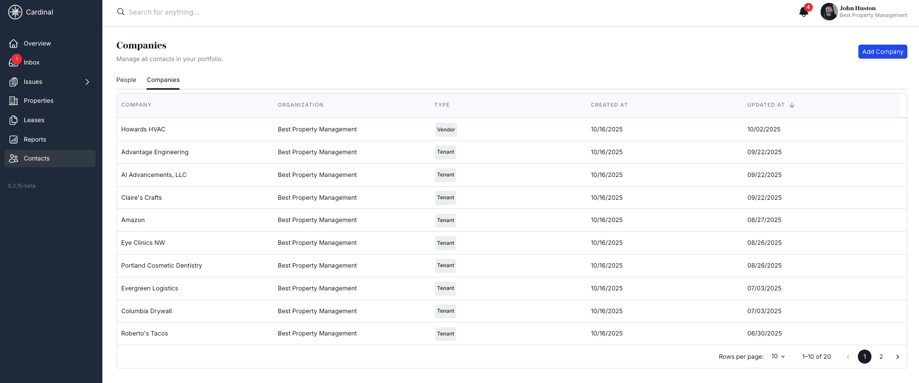 Companies list showing company names, types, and dates