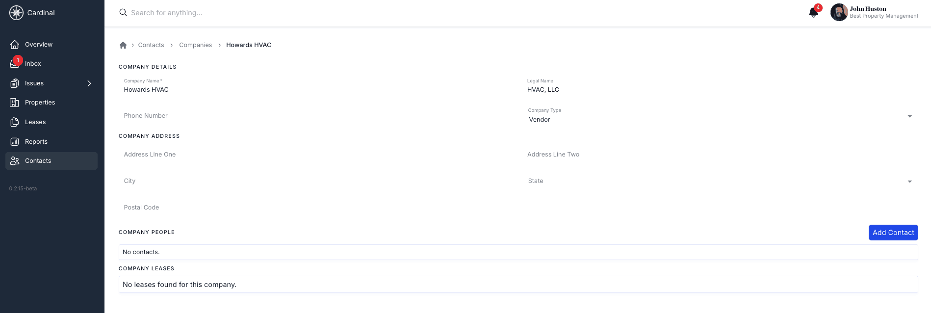 Company detail page showing company info, people, and leases sections