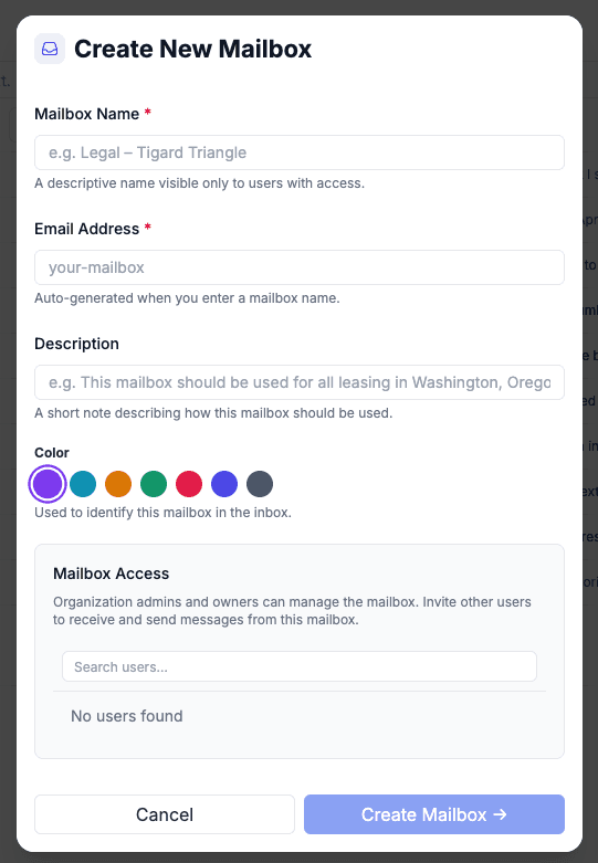 Create New Mailbox dialog with fields for name, email address, description, color, and access settings