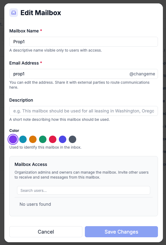 Edit Mailbox dialog showing editable fields for name, email address, description, color, and access