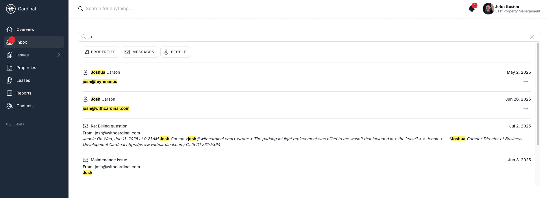 Inbox search interface showing search results with different content types