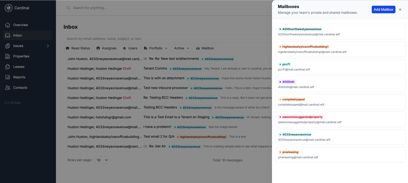 Mailbox management panel showing a list of shared mailboxes with options to add, edit, and configure each one