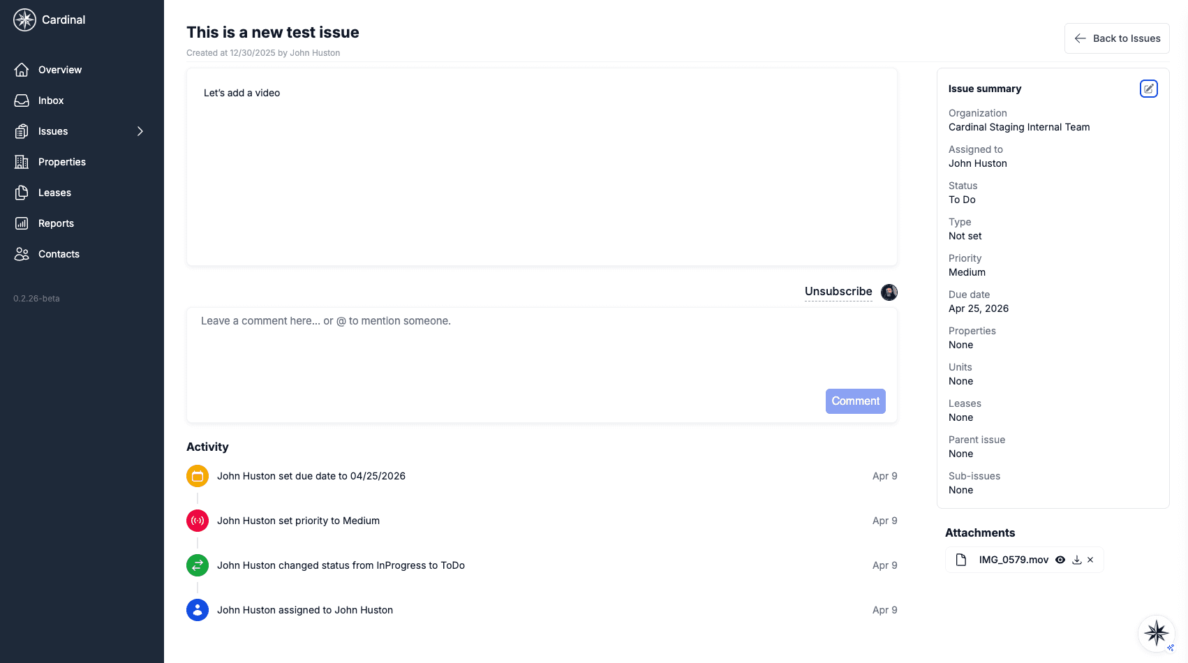 Issue detail page showing the activity feed with status changes, priority updates, assignments, and comments