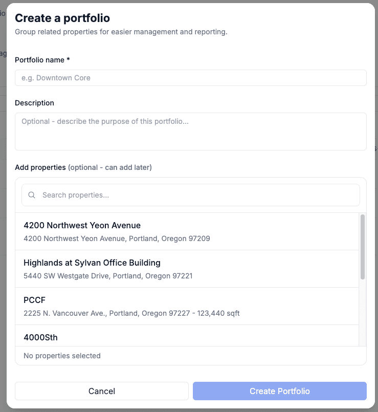 Add portfolio dialog for creating a new portfolio
