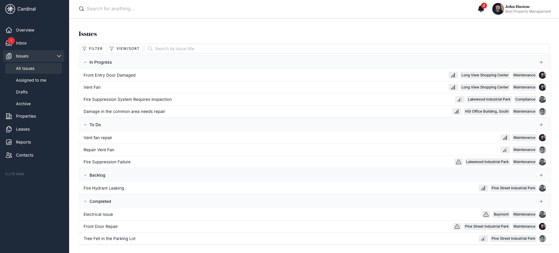 Issues dashboard showing all issues with filtering and status overview