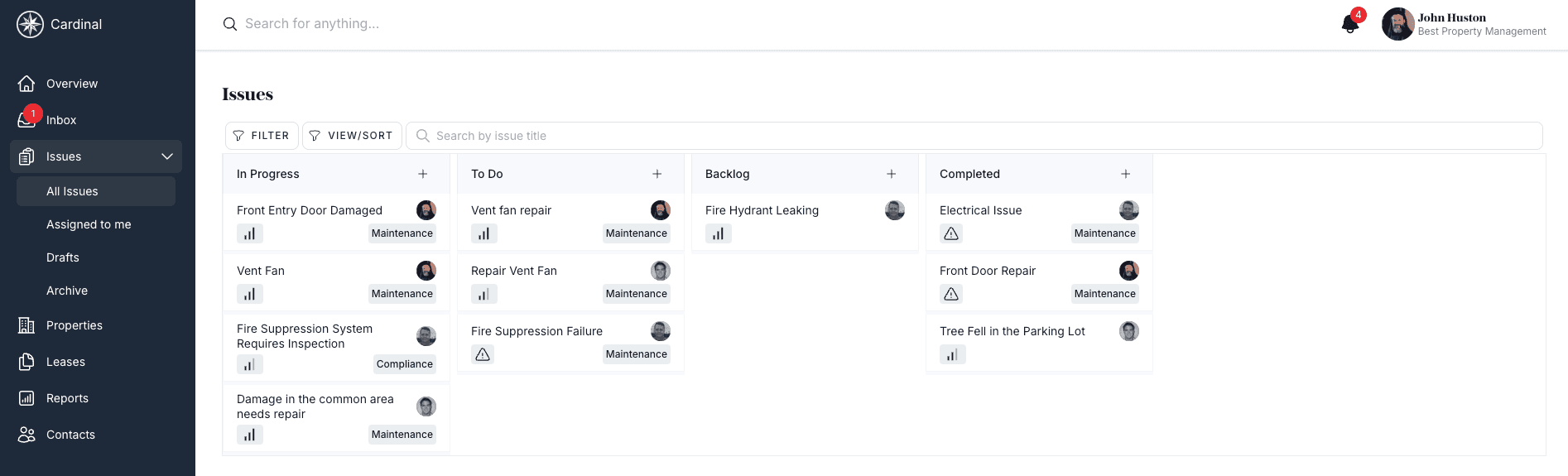 Issues kanban view showing visual workflow board with status columns
