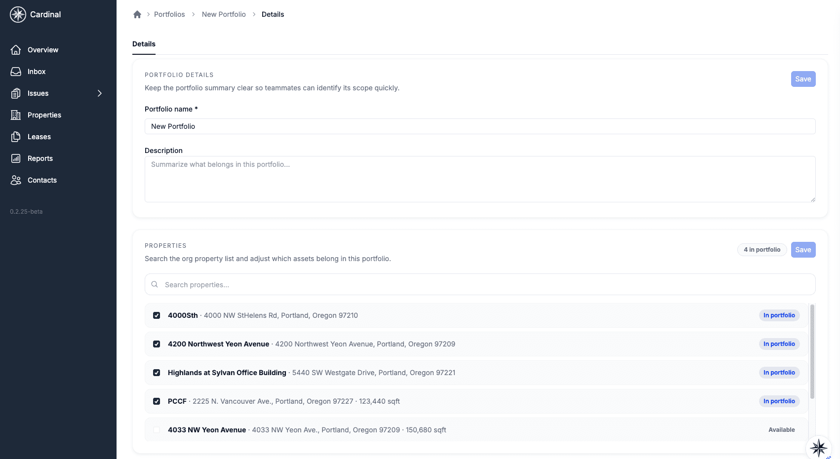 Portfolio details page showing properties within the portfolio