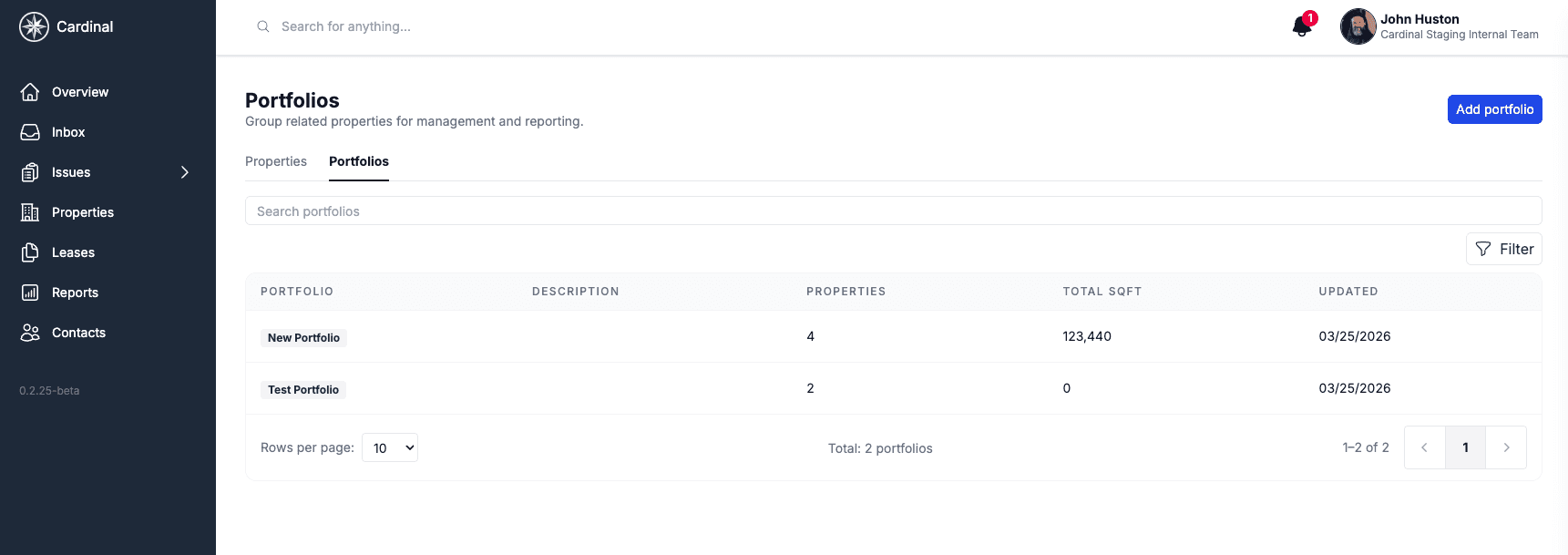 Portfolios tab showing grouped properties