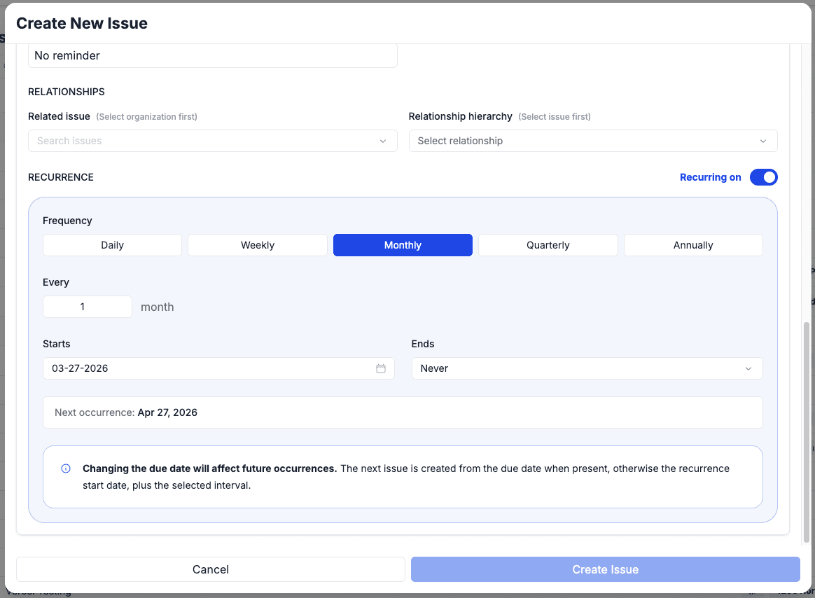 Recurring issue configuration showing frequency and schedule options