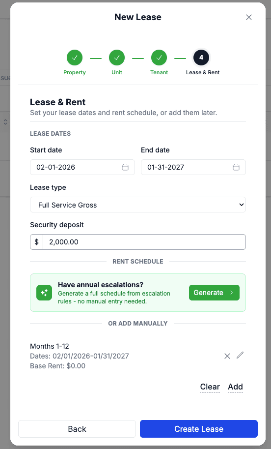 Add lease form with tenant and lease details