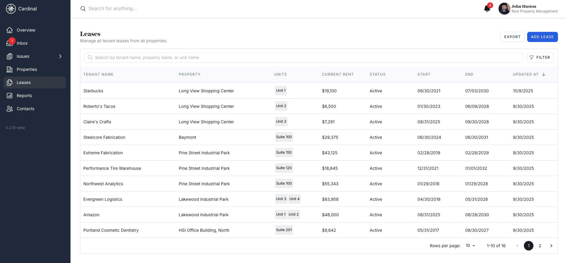 Leases dashboard showing all property leases and status overview