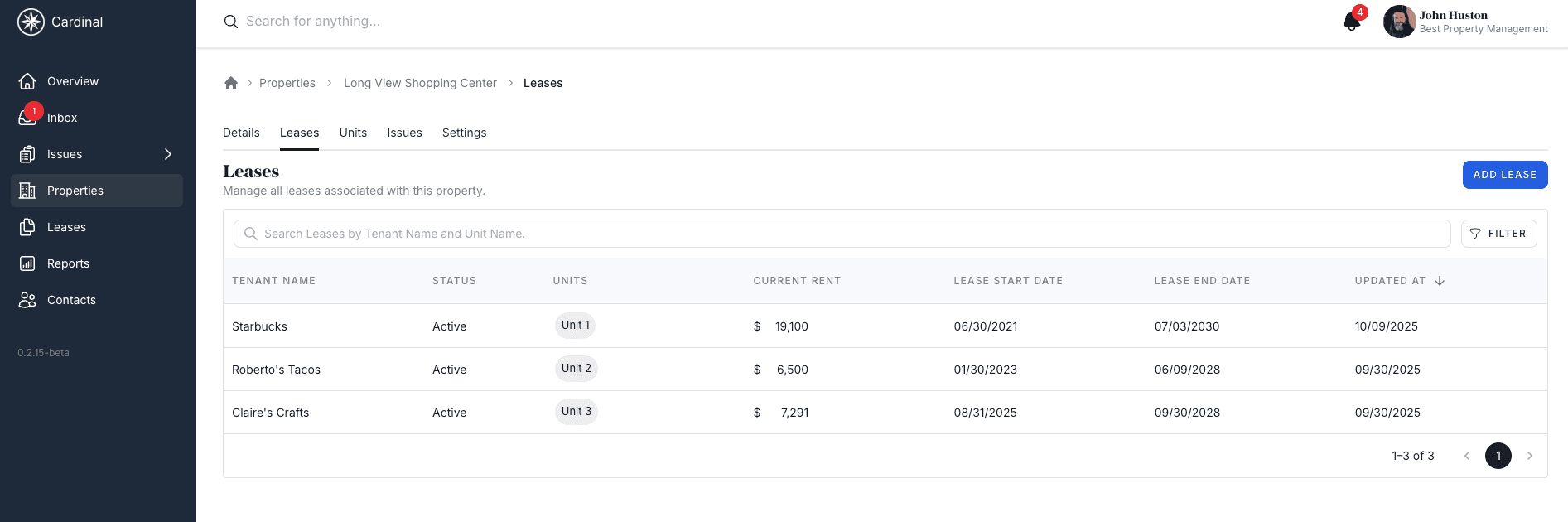 Property leases overview showing all leases for a property