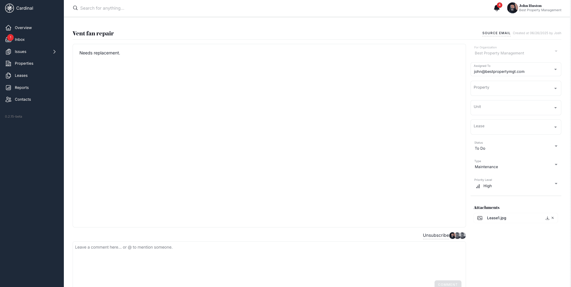 Issue detail with activity timeline and status