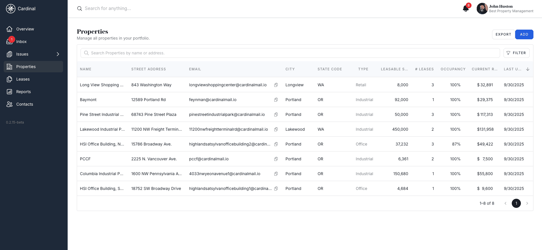 Properties dashboard with a list of properties and key metrics