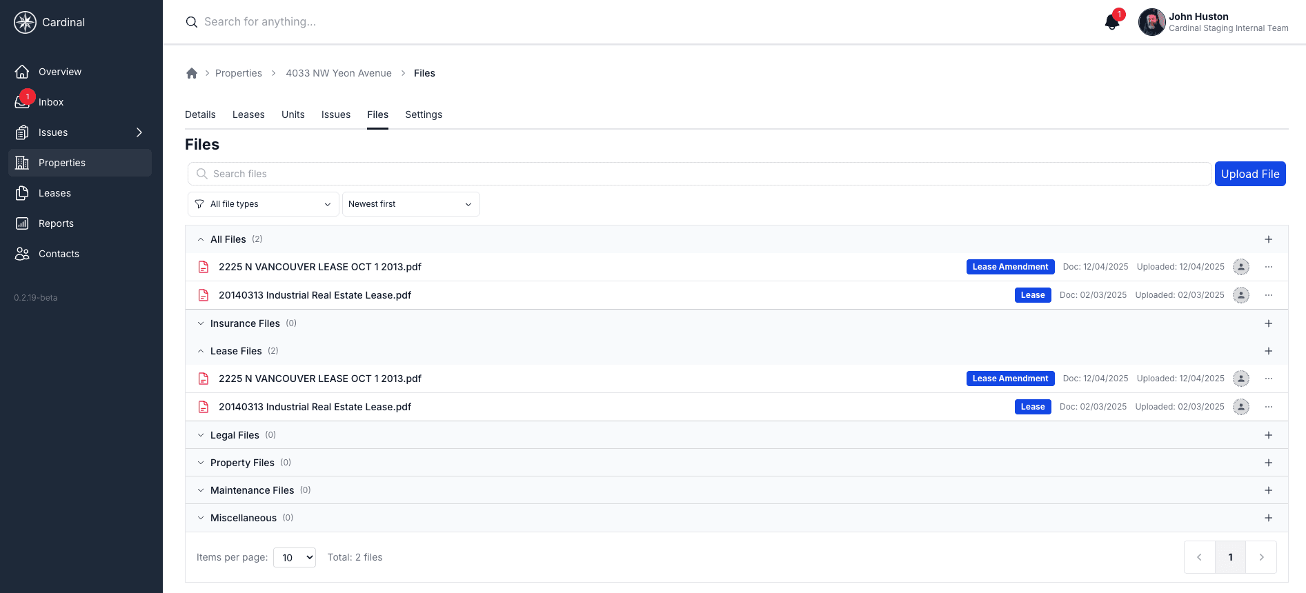 Property Files tab showing categories and actions