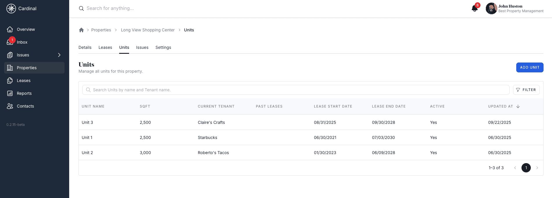 Units tab showing units, occupancy and status