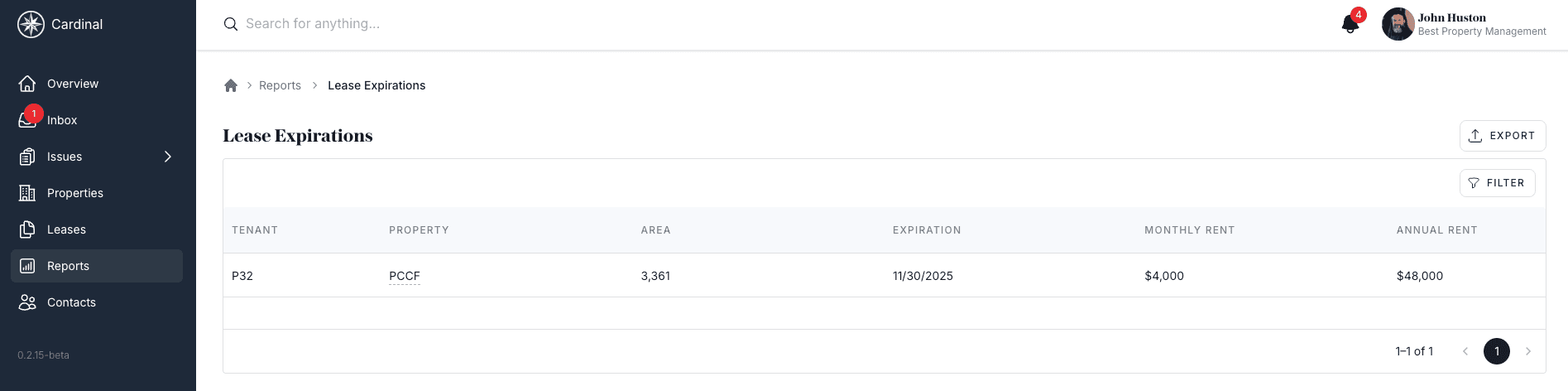 Lease expiration report with filtering options and tenant details