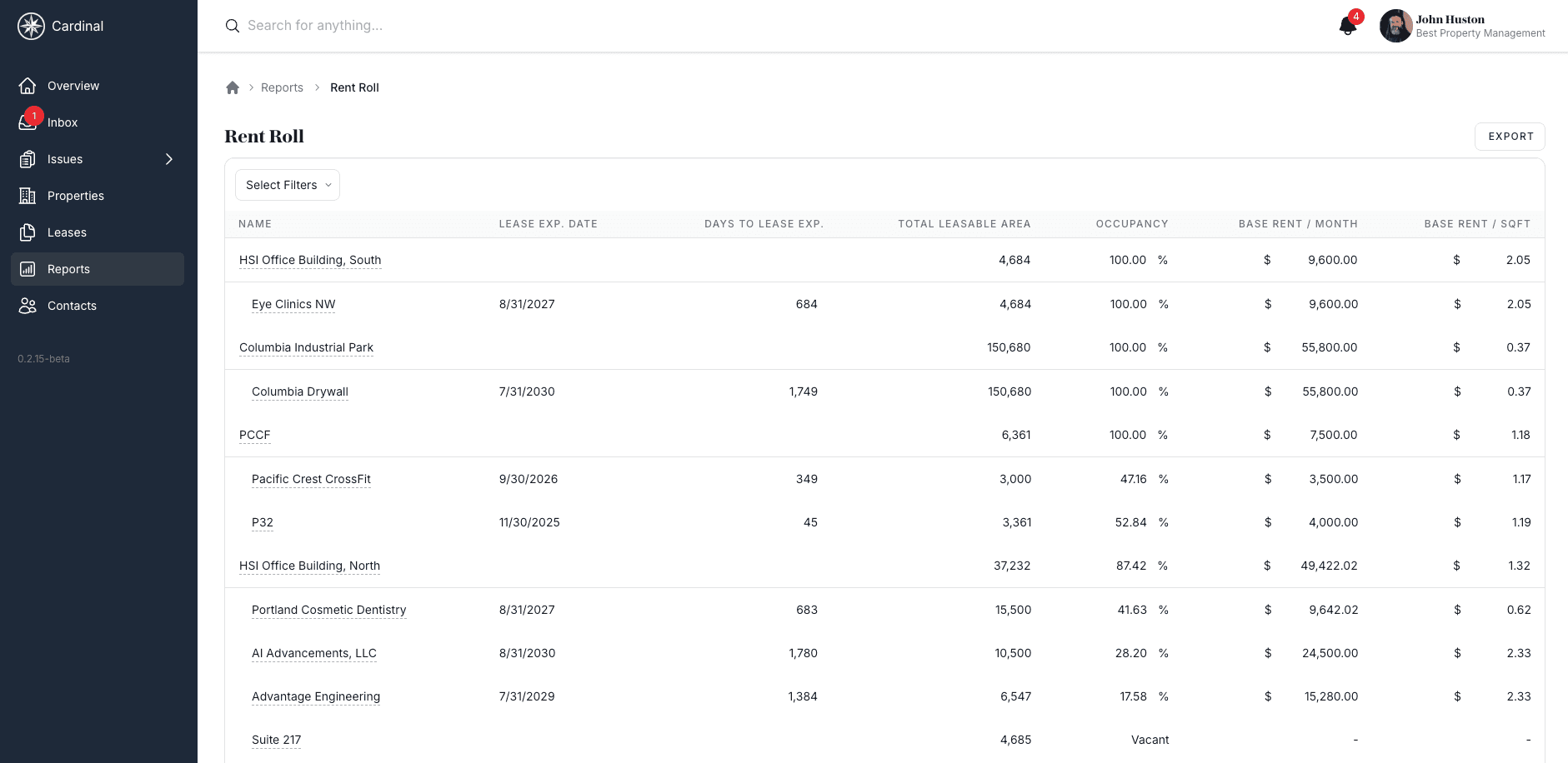 Rent roll report showing tenant details and rental income