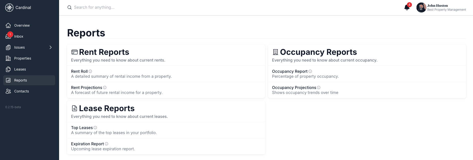 Reports dashboard showing three main report categories